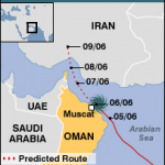 The route of cyclone Gonu from June 5-9, 2010 The route of cyclone Gonu from June 5-9, 2010
