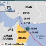 The route of cyclone Gonu from June 5-9, 2010