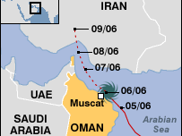 The route of cyclone Gonu from June 5-9, 2010